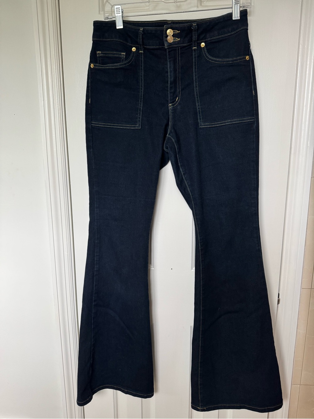 Michael Kors High-Rise Dark Blue Flare Jeans with Contrast Stitching
